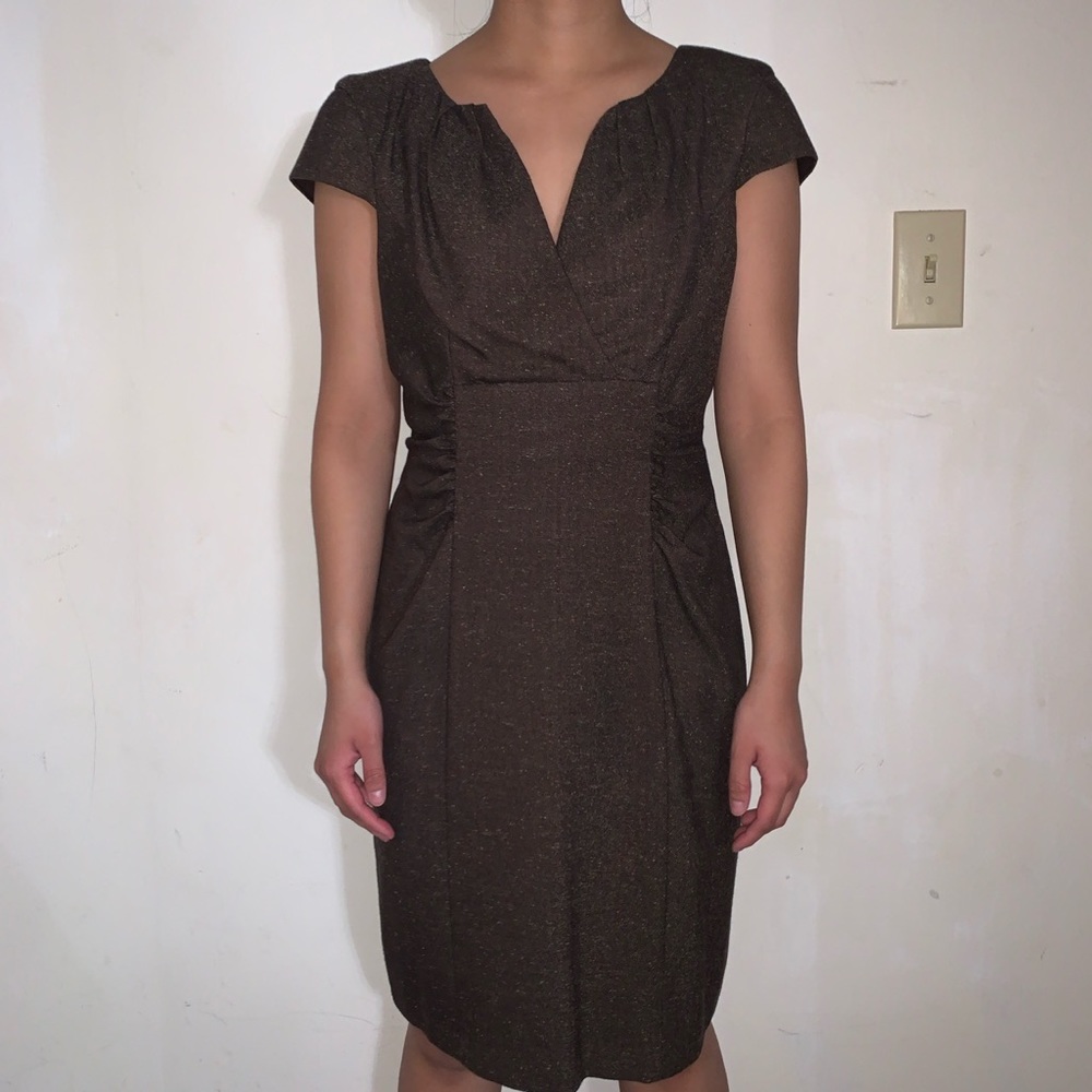 Connected Apparel Marled Brown Cap Sleeve V Neck Midi Dress Size 10 Petite